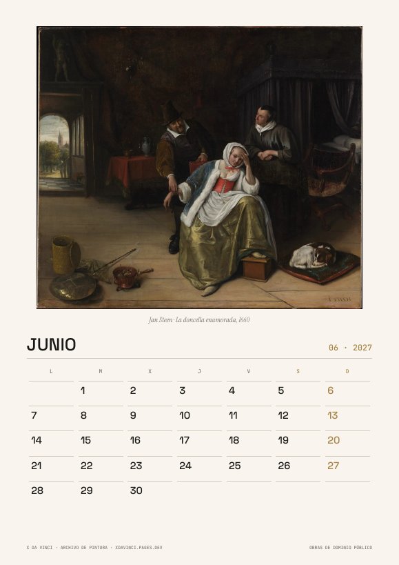 Una página del calendario Calendario 2027 · Un año con los maestros holandeses