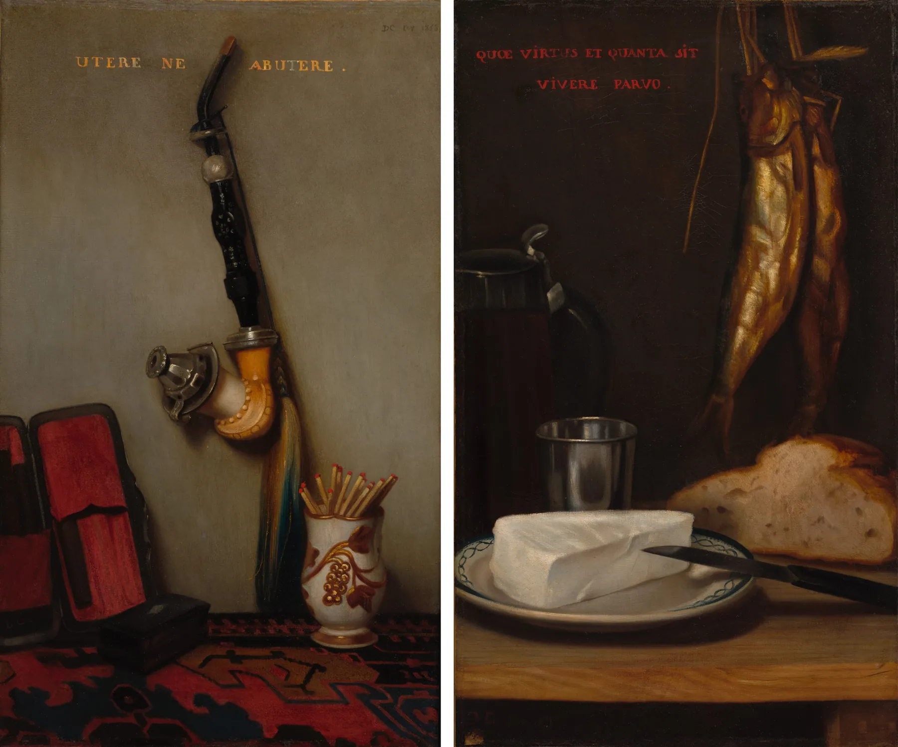 Bodegón con pipa y cerillas y Bodegón con arenque, pan y queso (pareja), de Alexandre-Gabriel Decamps