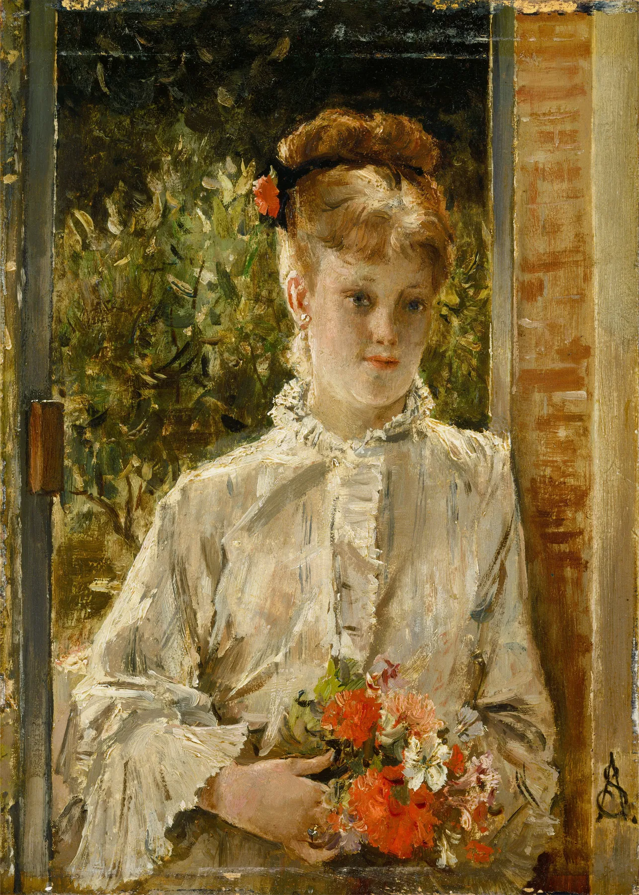 Mujer joven de blanco con un ramo, de Alfred Stevens