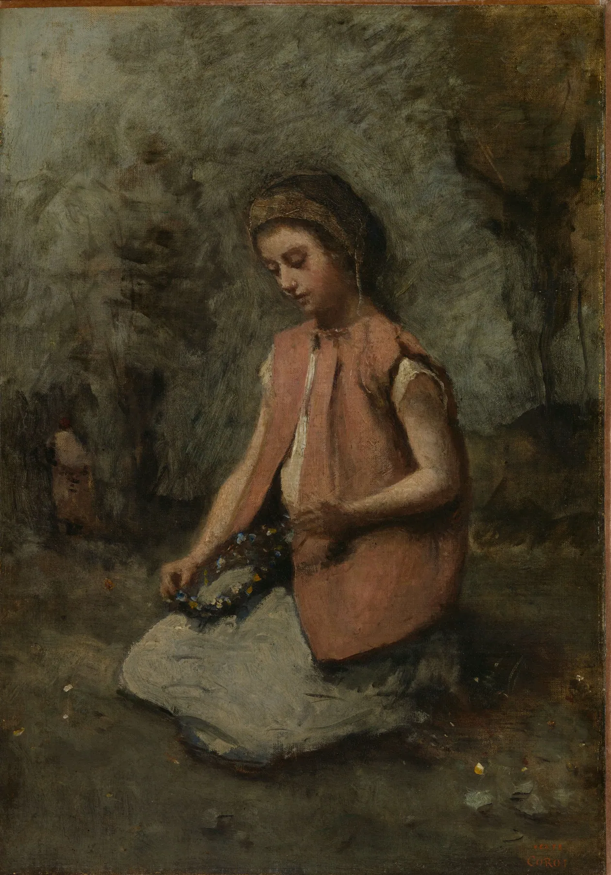Muchacha tejiendo una guirnalda, de Camille Corot