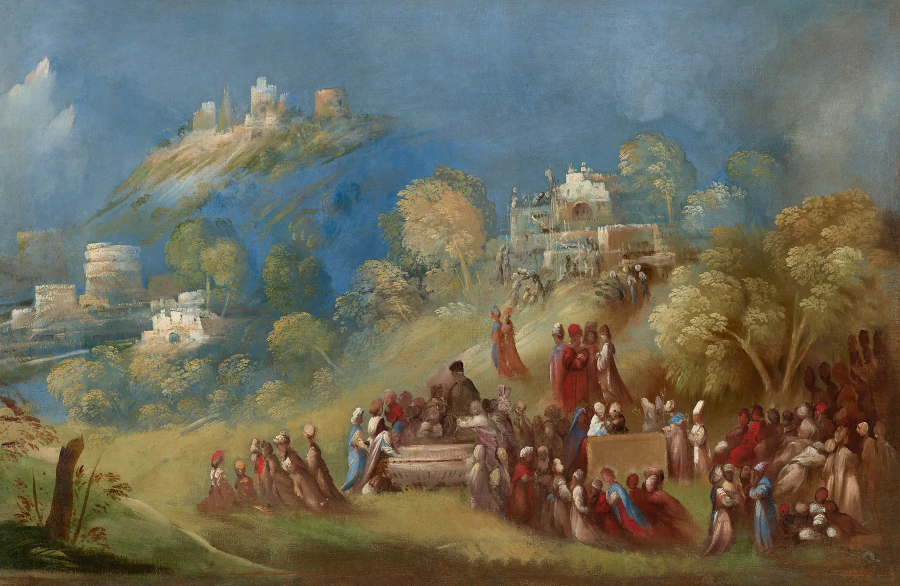 Los troyanos construyendo el templo a Venus y haciendo ofrendas en la tumba de Anquises en Sicilia, de Dosso Dossi
