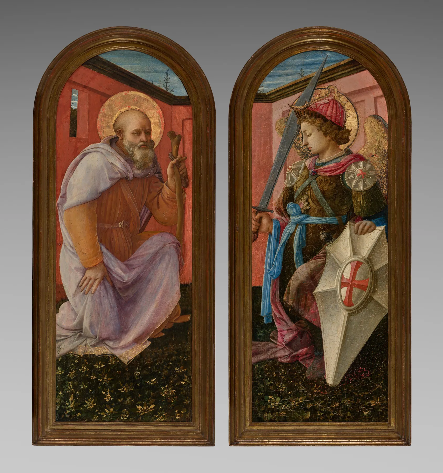 Pareja de paneles de un tríptico, el arcángel Miguel y San Antonio Abad, de Fra Filippo Lippi