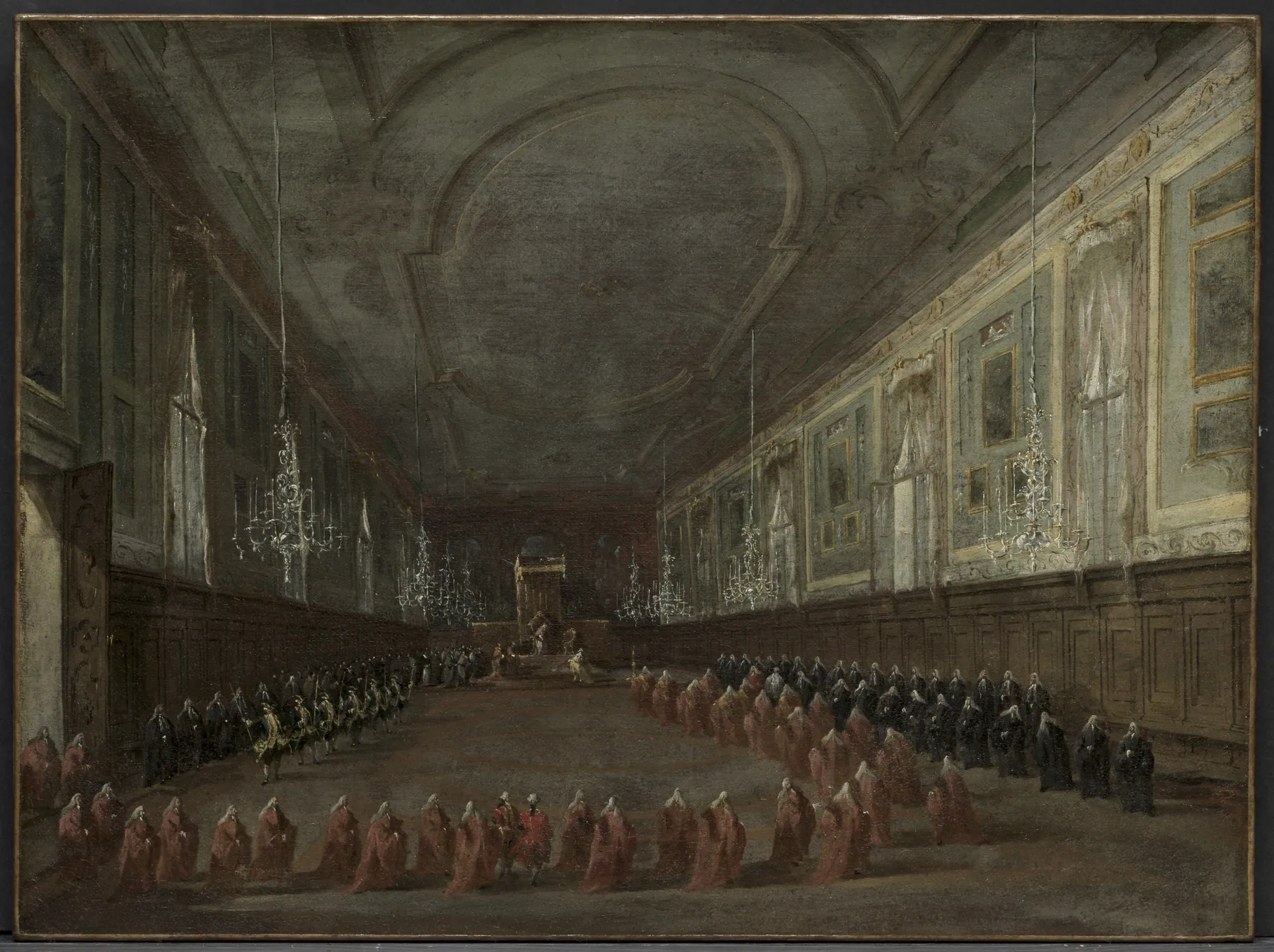 El papa Pío VI bajando del trono para despedirse del dogo en la sala de Santi Giovanni e Paolo, 1782, de Francesco Guardi