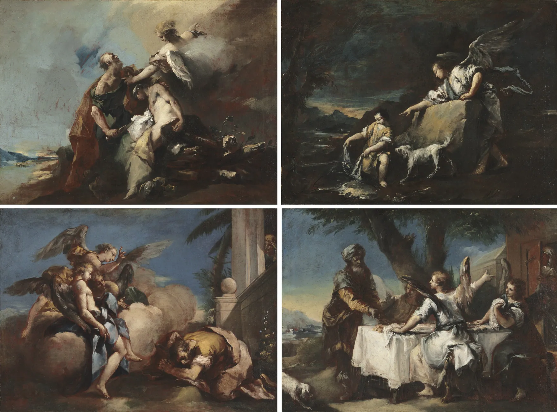 El sacrificio de Isaac, Tobías y el ángel, Los ángeles apareciéndose a Abraham, Abraham recibiendo a los tres, de Francesco Guardi