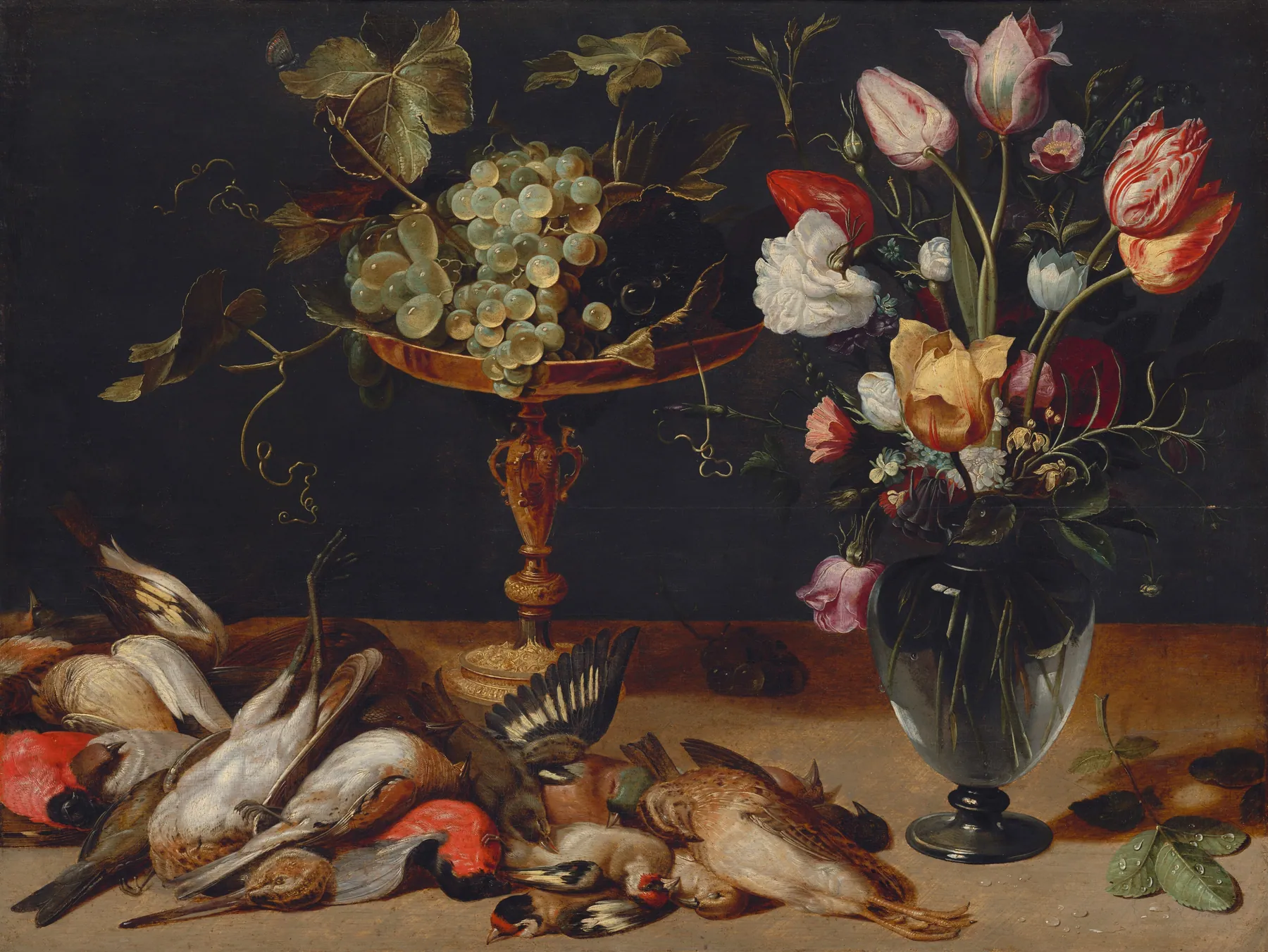 Naturaleza muerta con flores, uvas y pequeñas aves de caza, de Frans Snyders