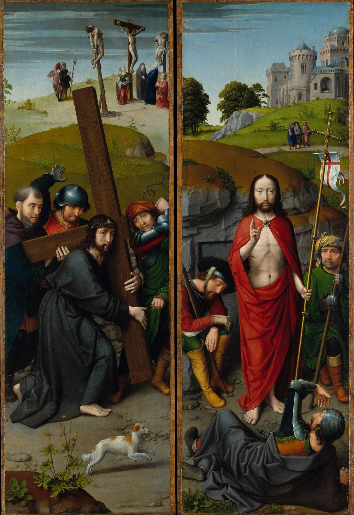 Cristo camino del Calvario, con la Crucifixión; La Resurrección, con los peregrinos de Emaús, de Gerard David