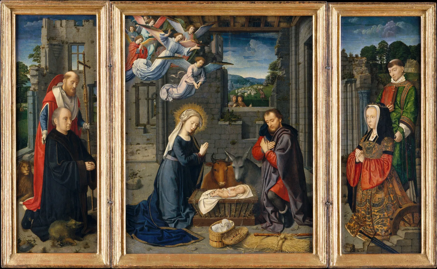 La Natividad con donantes y los santos Jerónimo y Leonardo, de Gerard David
