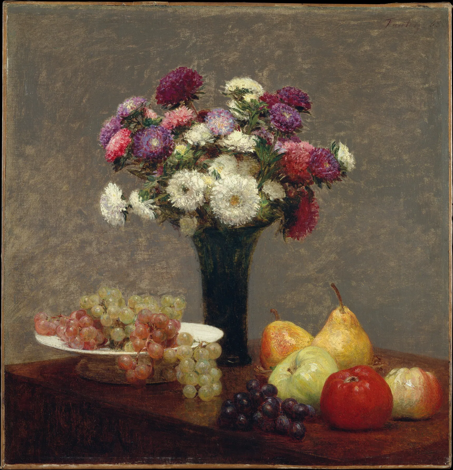 Asteres y fruta sobre una mesa, de Henri Fantin-Latour
