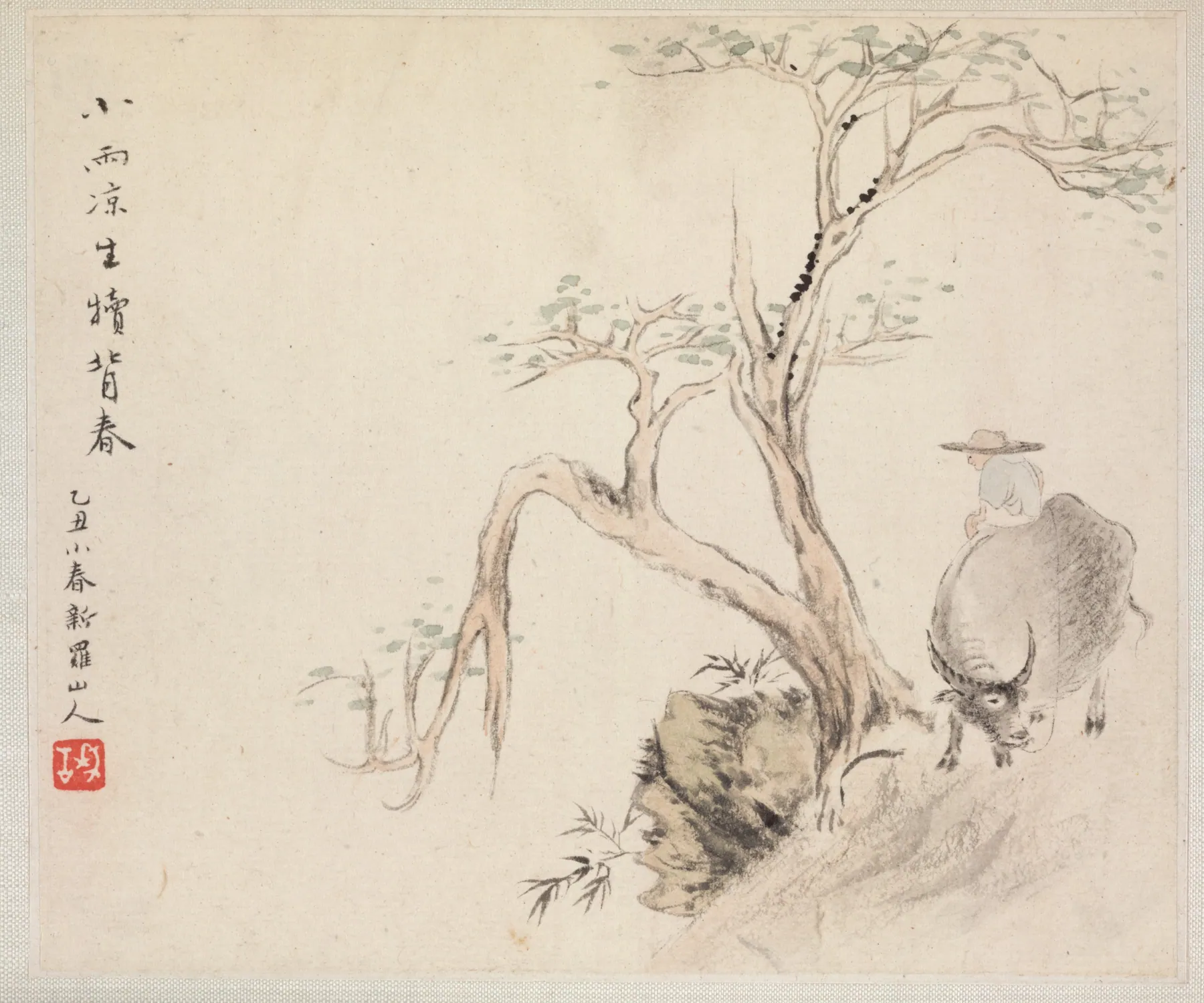 Álbum de paisajes ilustrando poemas antiguos, niño cuidando un búfalo de agua, de Hua Yan