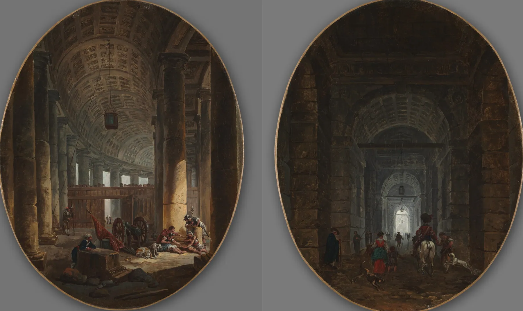 Pareja de pinturas, La columnata de San Pedro, Roma, durante el cónclave y La gruta de Posillipo, de Hubert Robert