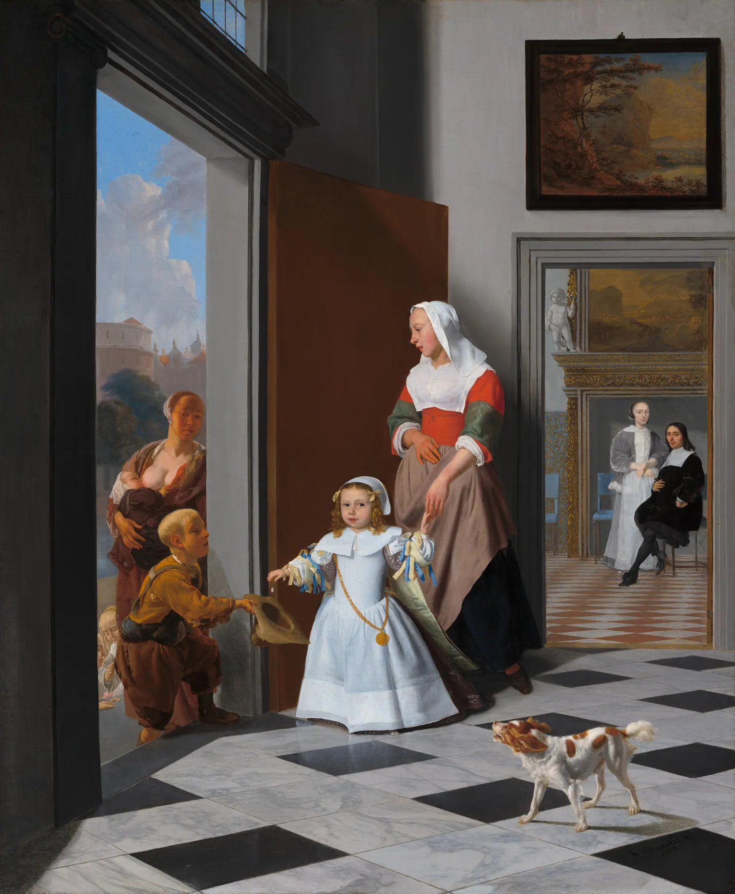 Una nodriza y un niño en un vestíbulo elegante, de Jacob Ochtervelt