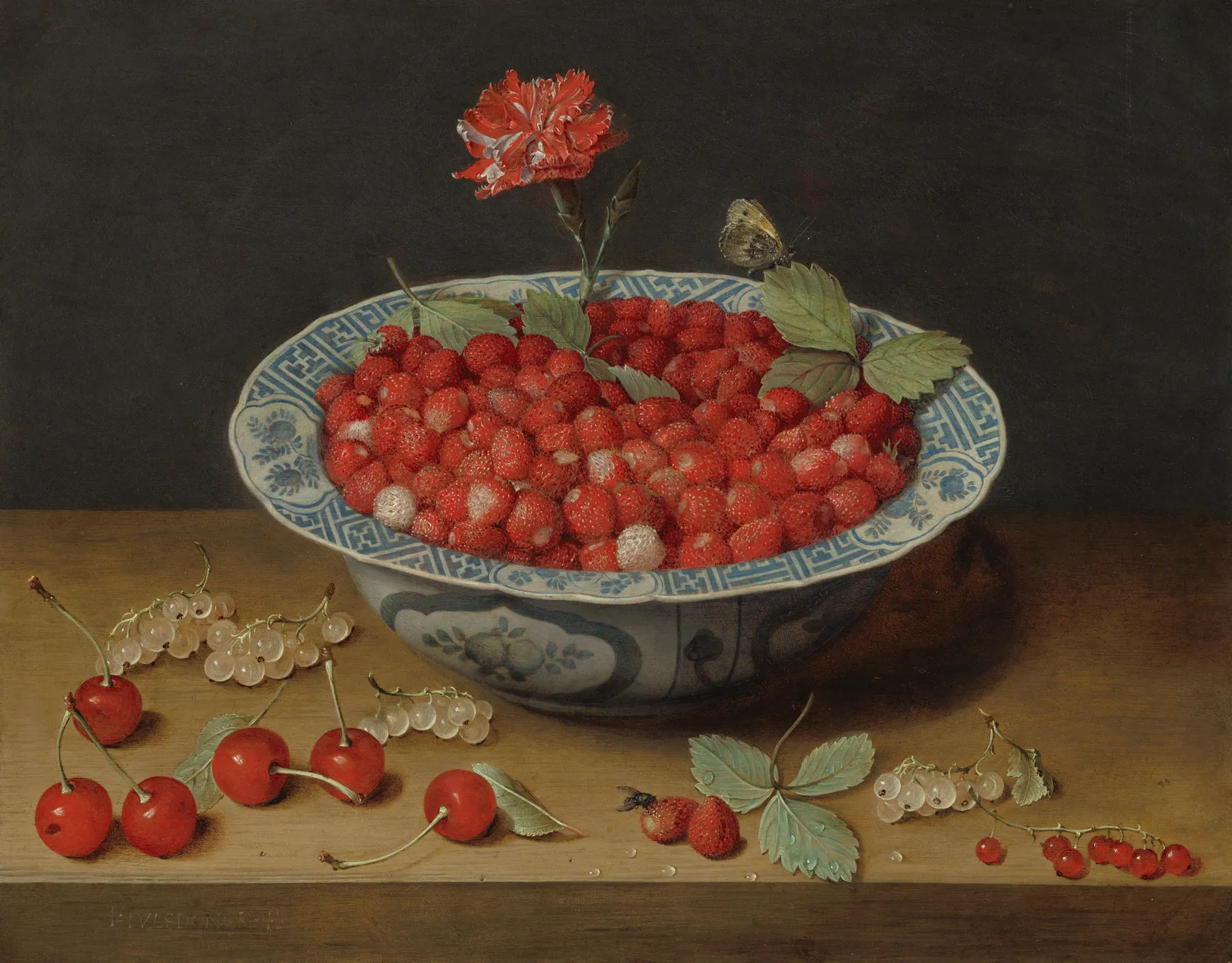 Fresas silvestres y un clavel en un cuenco Wan-Li, de Jacob van Hulsdonck