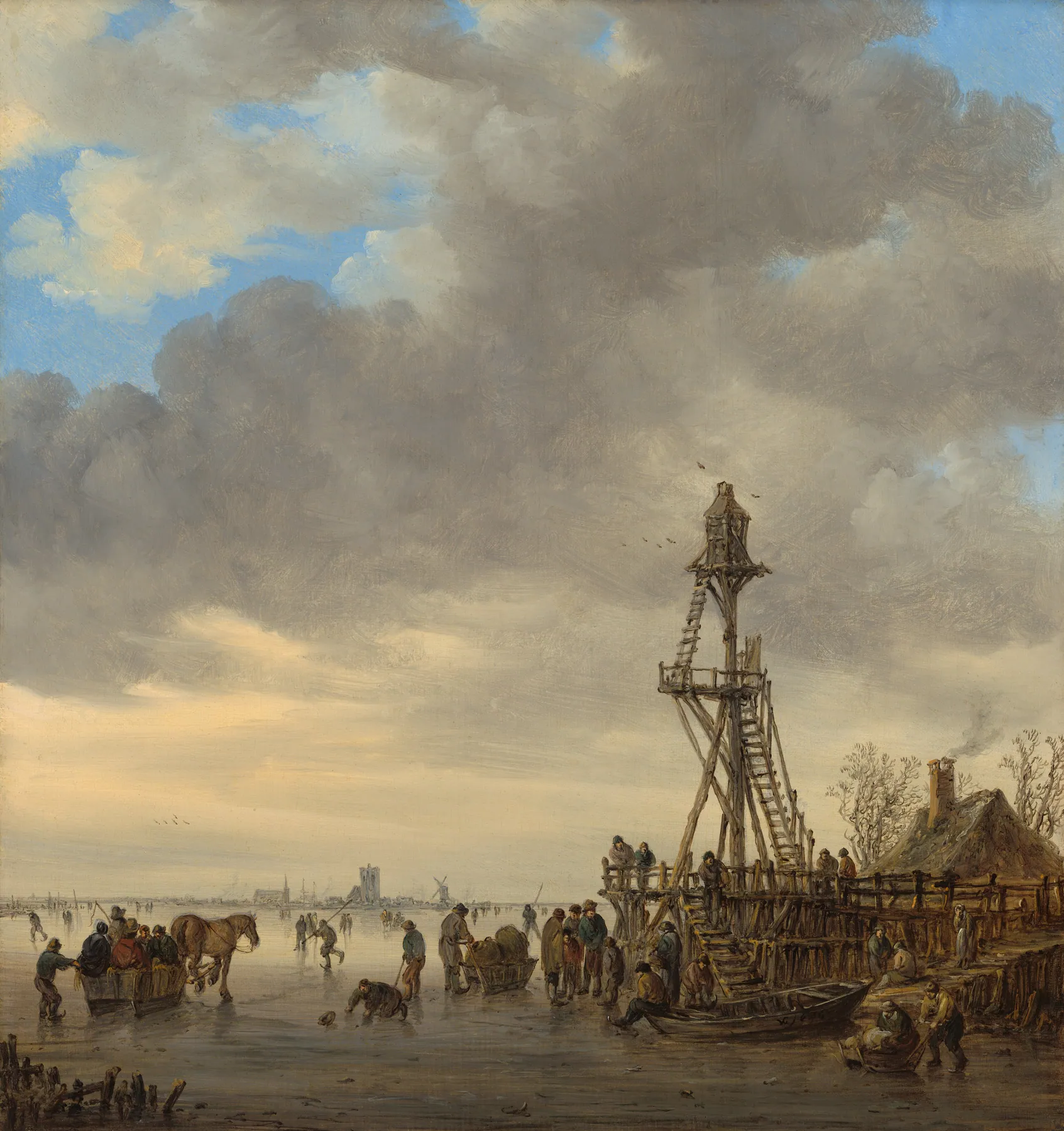 Escena de hielo junto a una torre de observación de madera, de Jan van Goyen