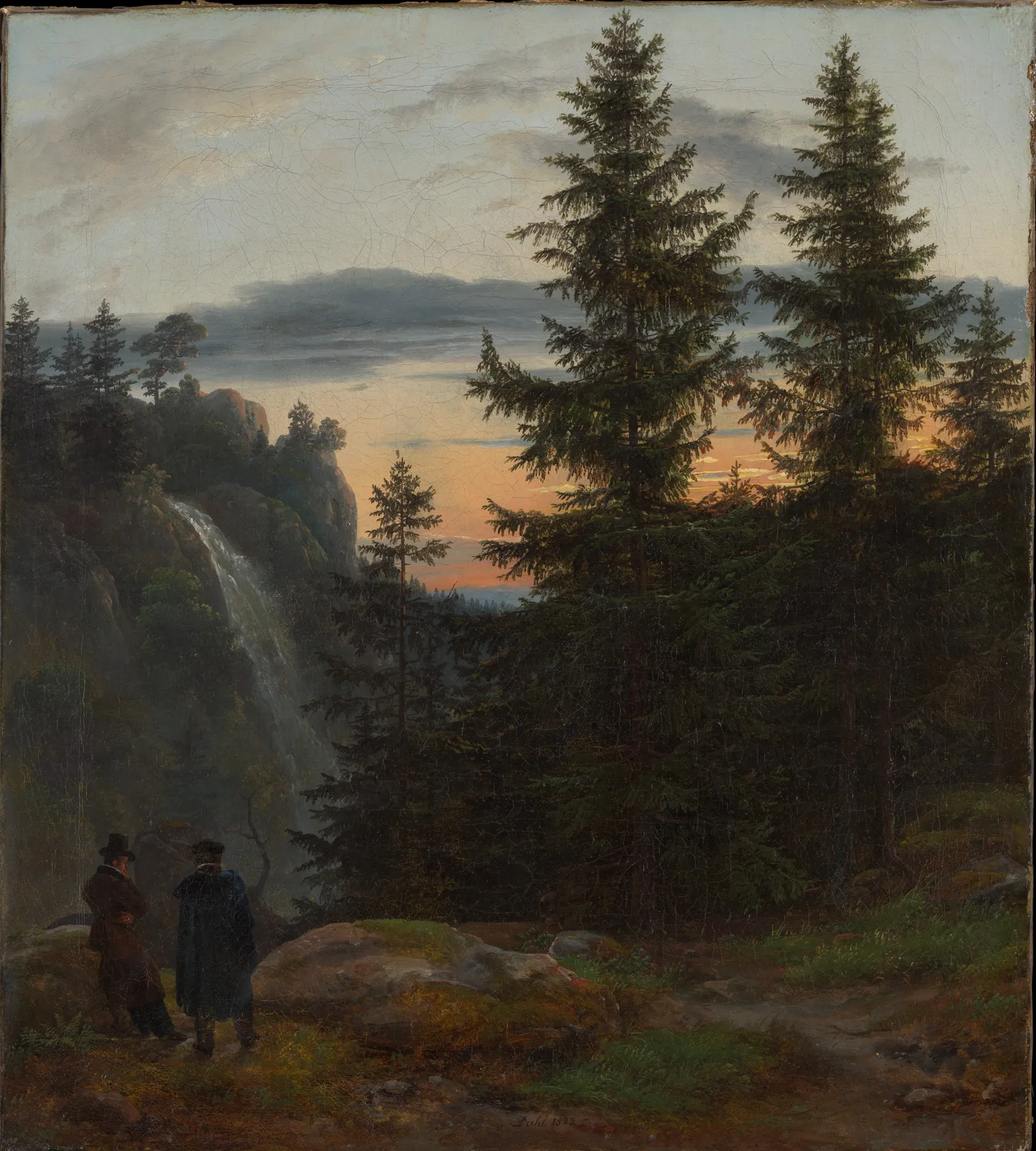 Dos hombres ante una cascada al atardecer, de Johan Christian Dahl
