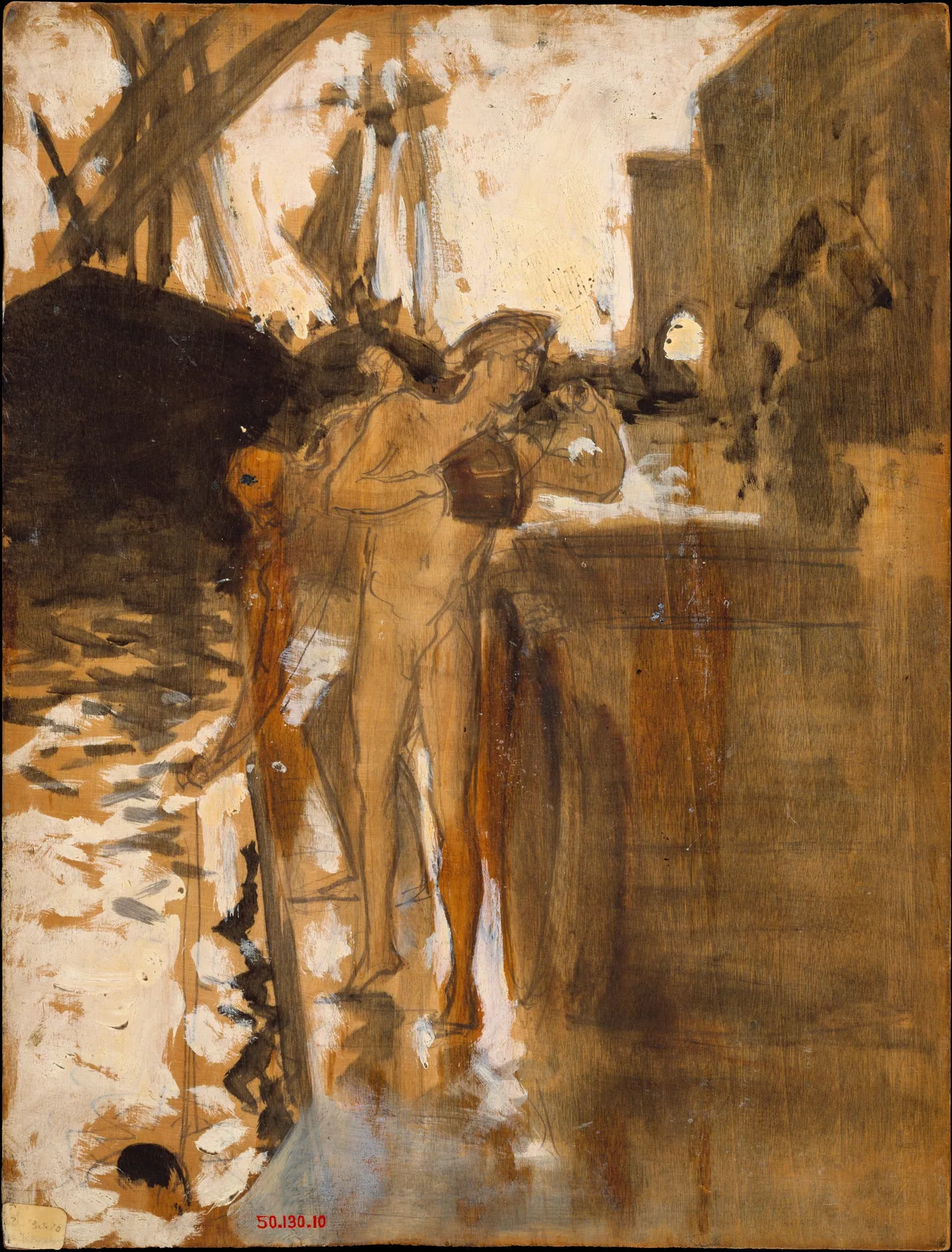 El balcón, España [y] Dos bañistas desnudos de pie en un muelle, de John Singer Sargent