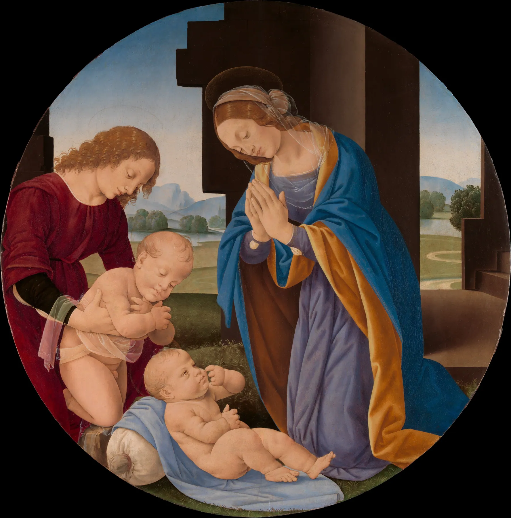 Virgen con el Niño adorado por el Niño San Juan Bautista y un ángel, de Lorenzo di Credi