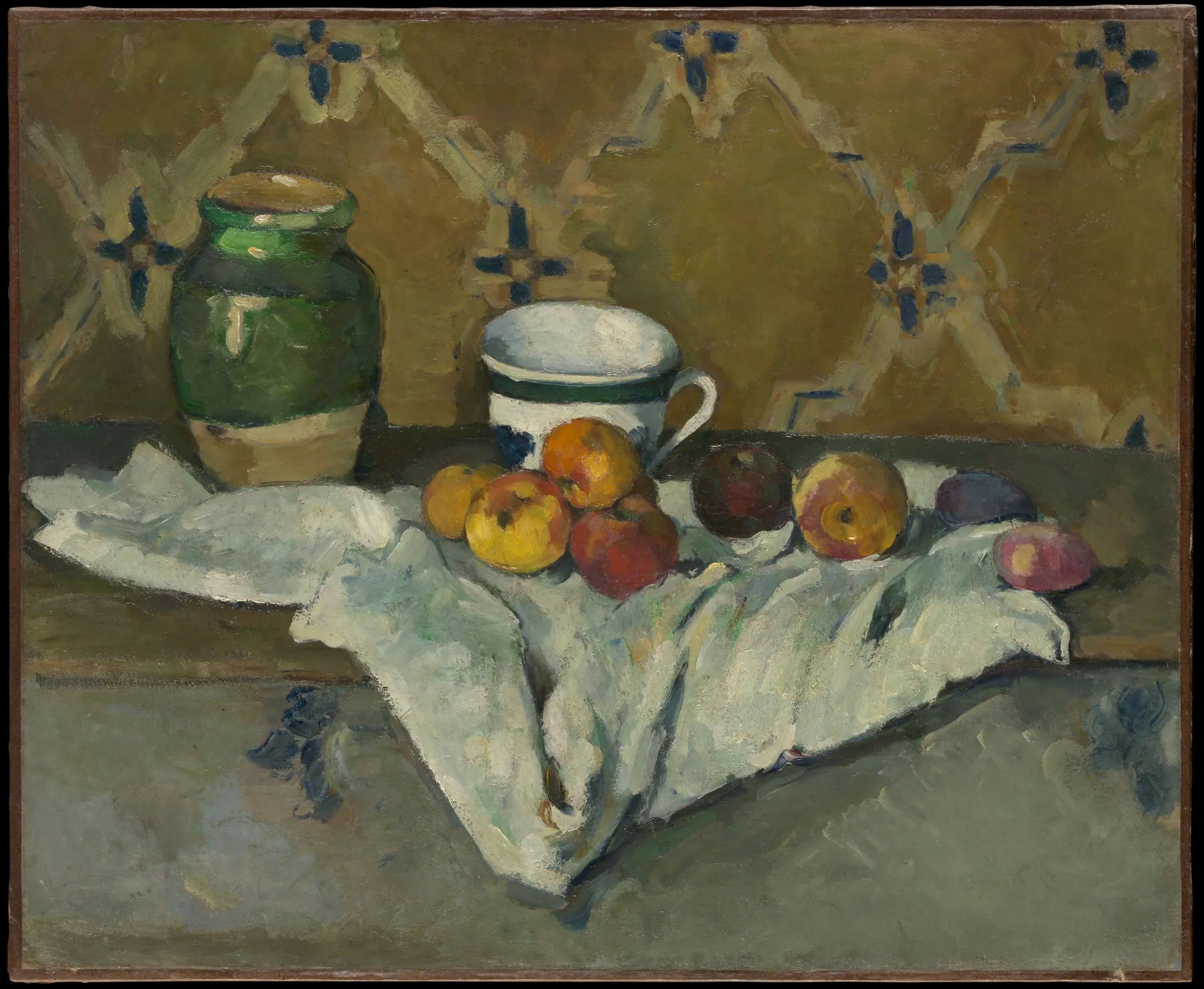 Bodegón con tarro, taza y manzanas, de Paul Cézanne