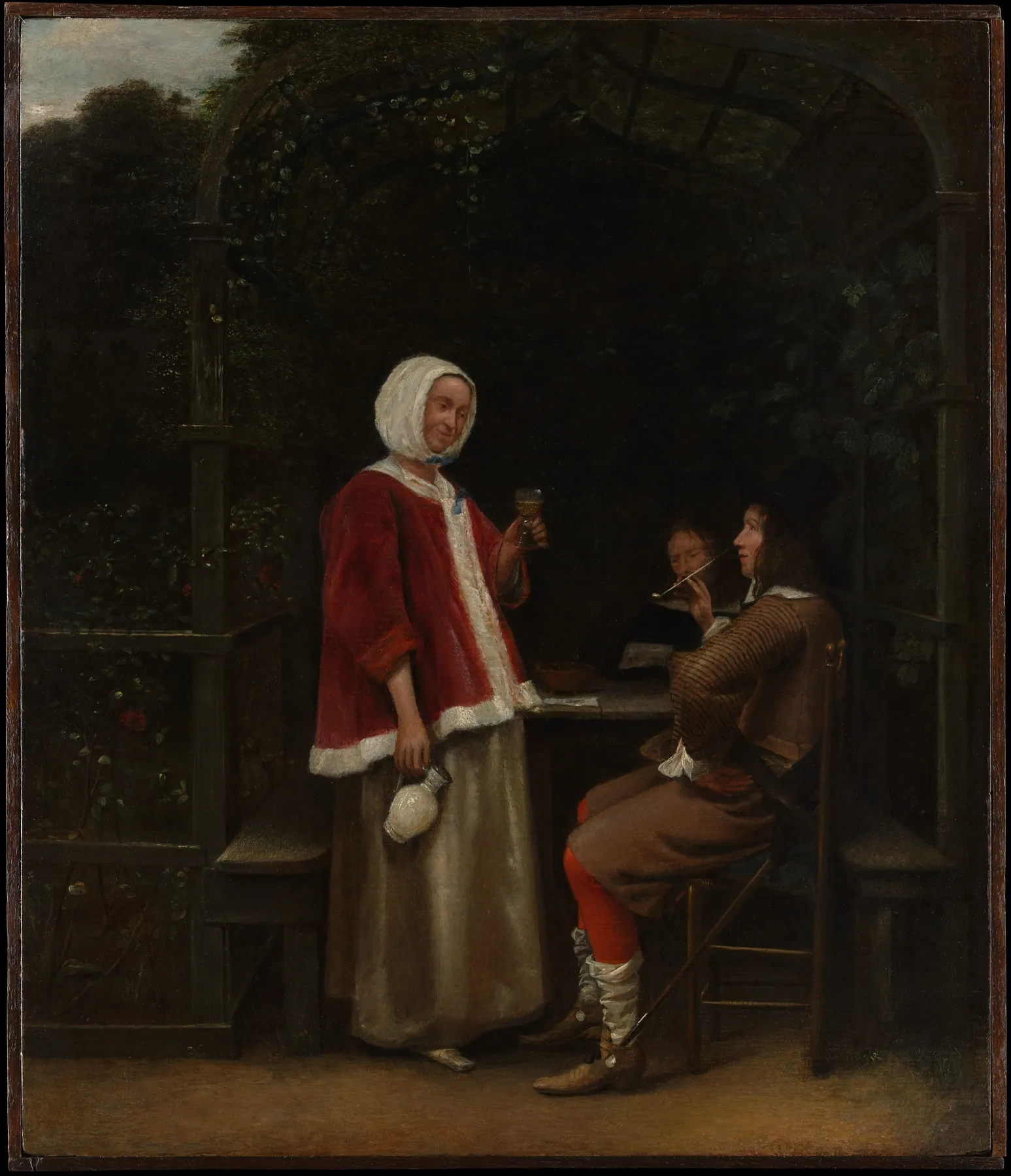 Una mujer y dos hombres en un cenador, de Pieter de Hooch