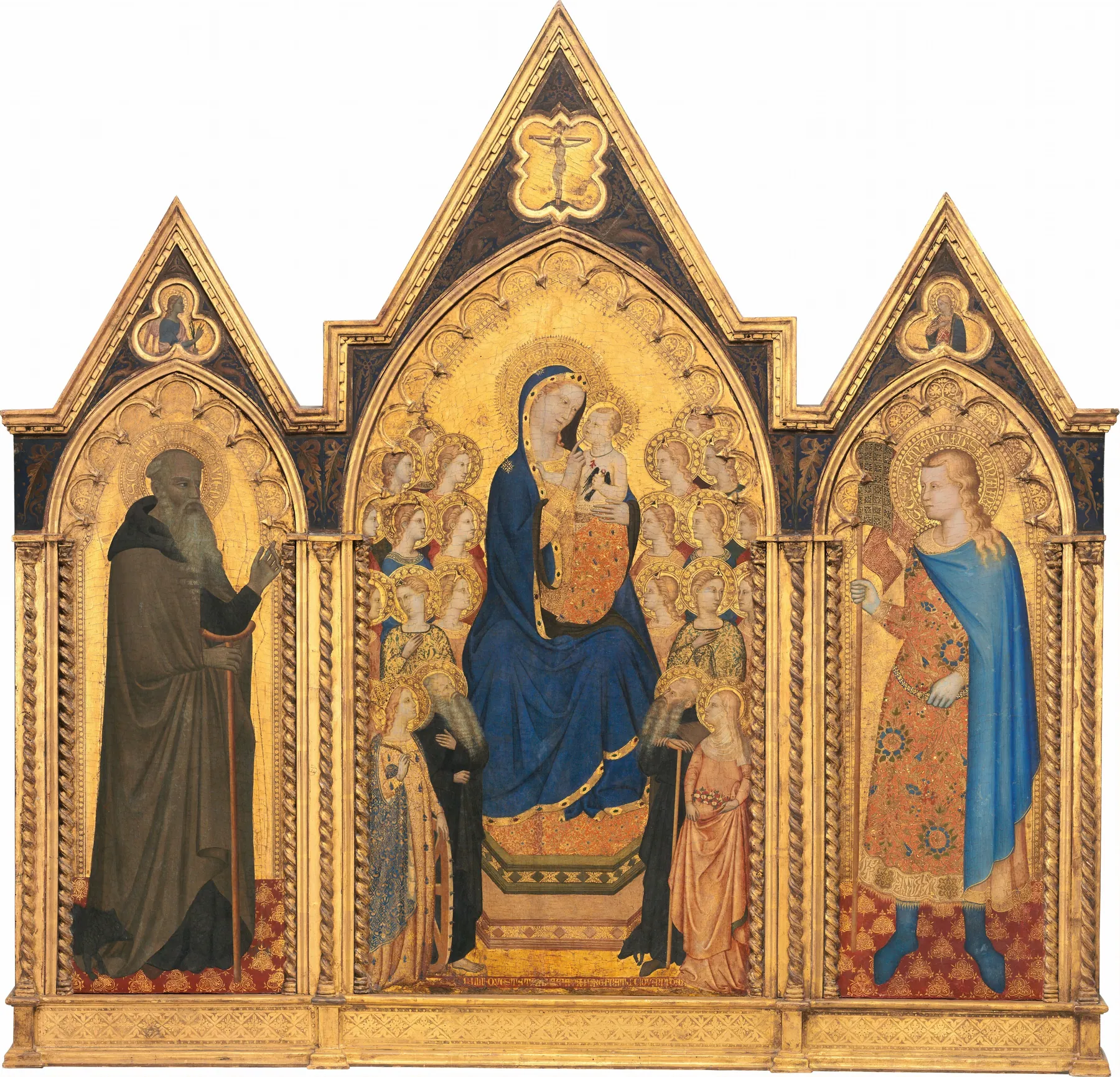 Virgen con el Niño entronizada con santos, y san Antonio Abad y san Venancio (tríptico completo), de Puccio di Simone