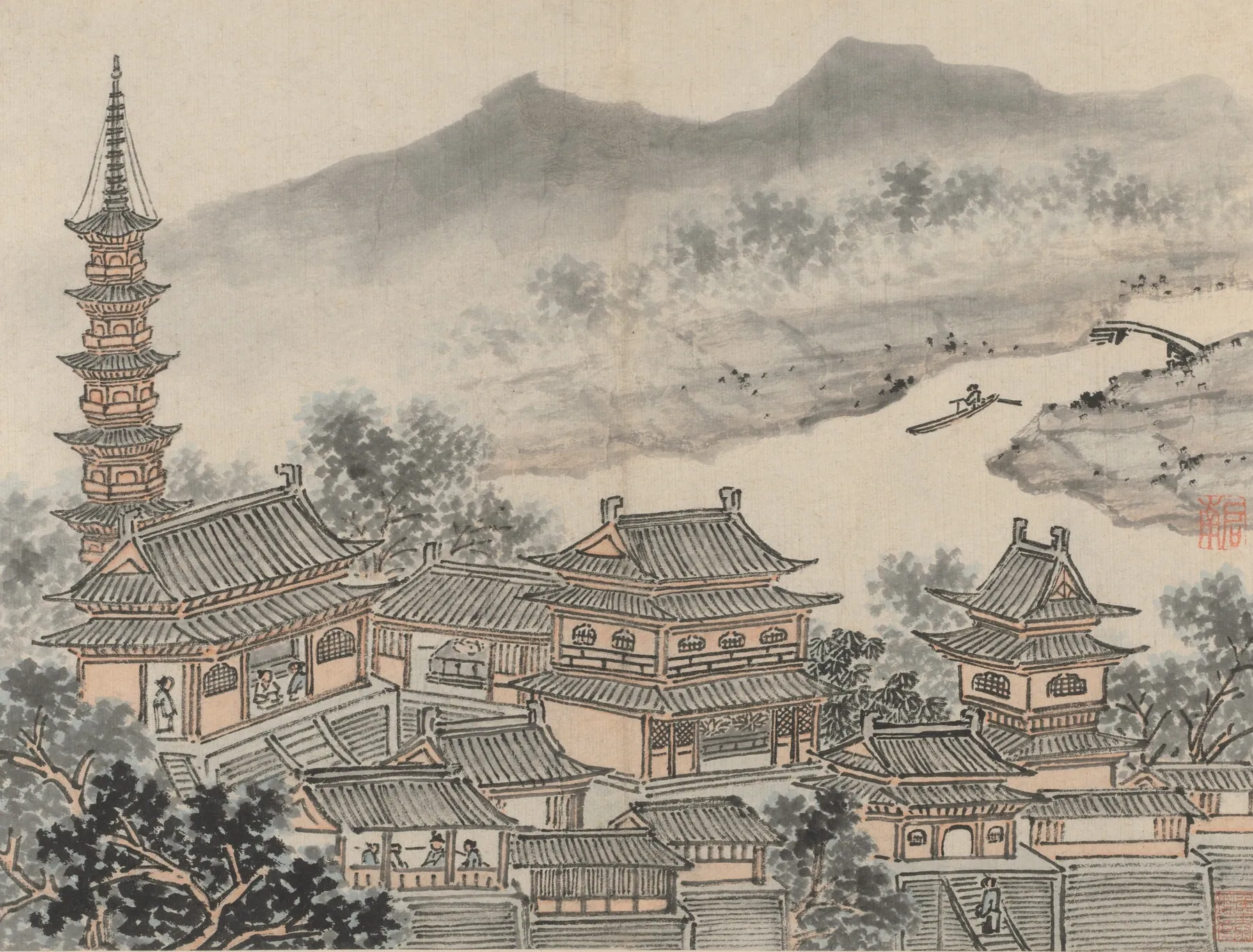 El Salón de los Mil Budas y la pagoda del monasterio del 'Acantilado de las Nubes', de Doce vistas de la colin, de Shen Zhou