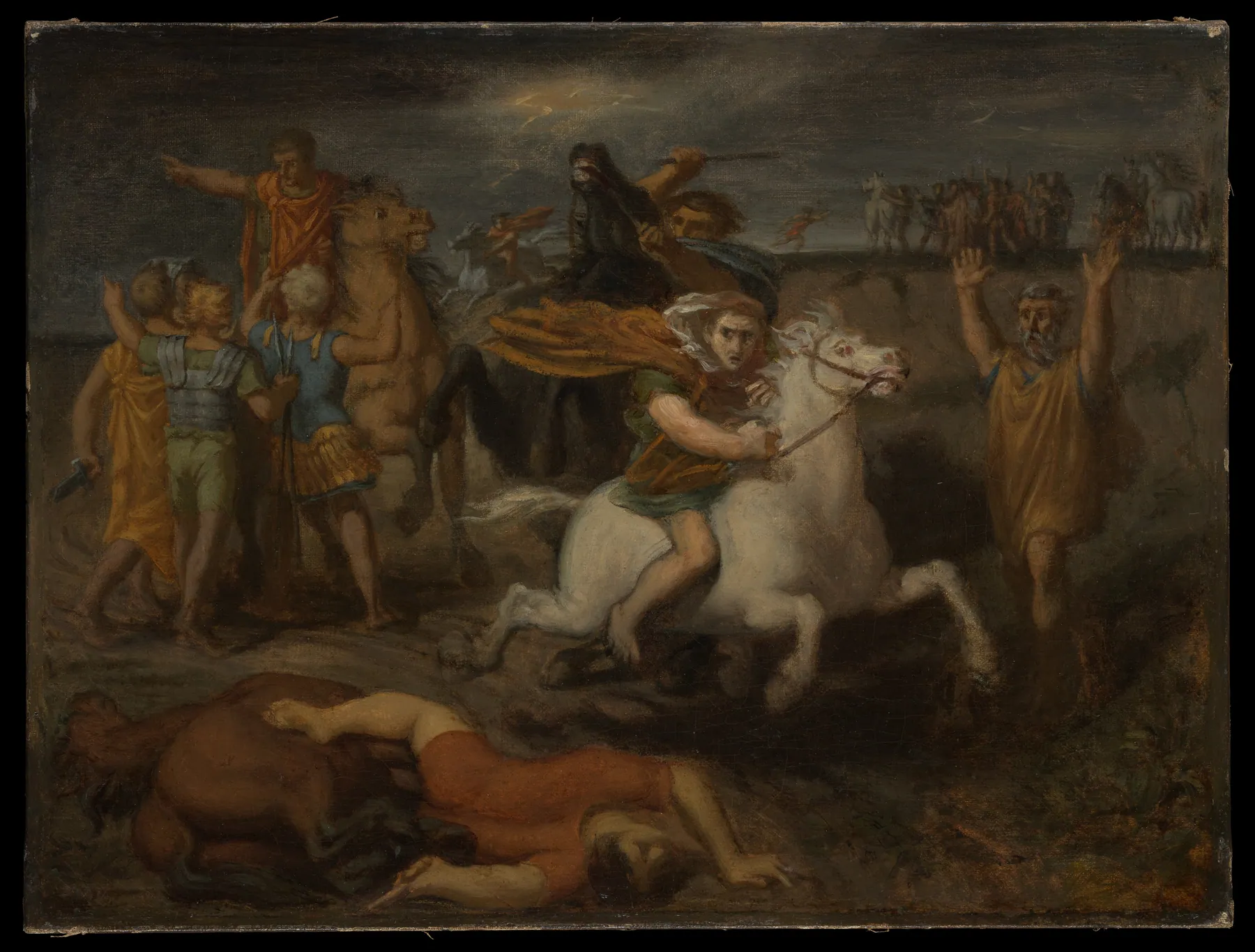 Escena de la Guerra de las Galias, el galo Litavico, traicionando la causa romana, huye a Gergovia para apoyar, de Théodore Chassériau