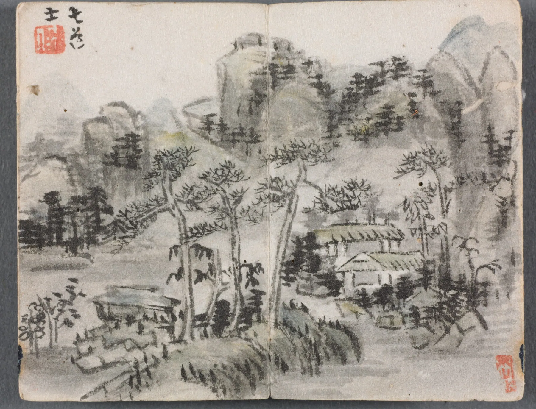Álbum en miniatura con figuras y paisaje (Paisaje con dos edificios), de Zeng Yandong