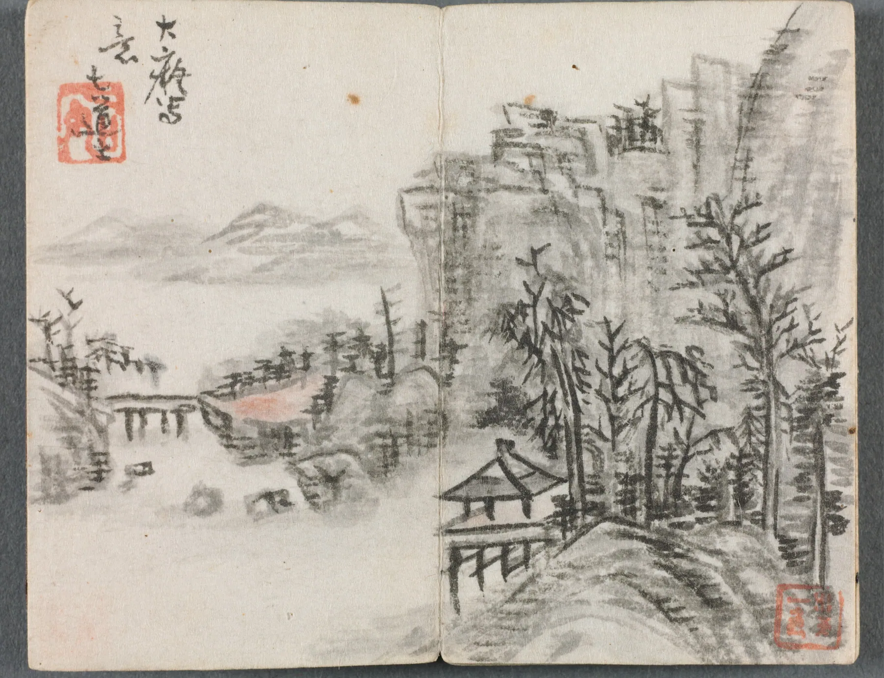 Álbum en miniatura con figuras y paisaje (Paisaje de acantilado con puente), de Zeng Yandong