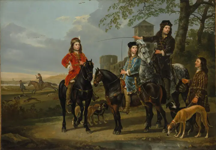 Retrato ecuestre de Cornelis (1639–1680) y Michiel Pompe van Meerdervoort (1638–1653) con su tutor y su cocher, Aelbert Cuyp