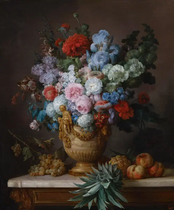 Bodegón con flores en un jarrón de alabastro y frutas, Anne Vallayer-Coster