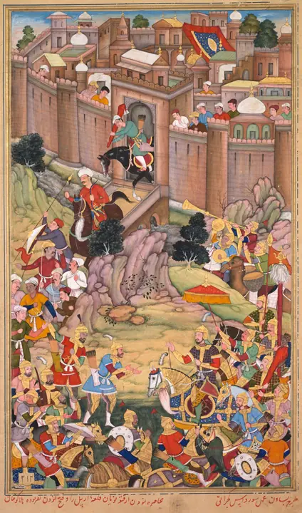 El asedio de Arbela en la época de Hulagu Khan, página de un Chingiz-nama (Libro de Gengis Kan) del Jami al-ta, Basavana