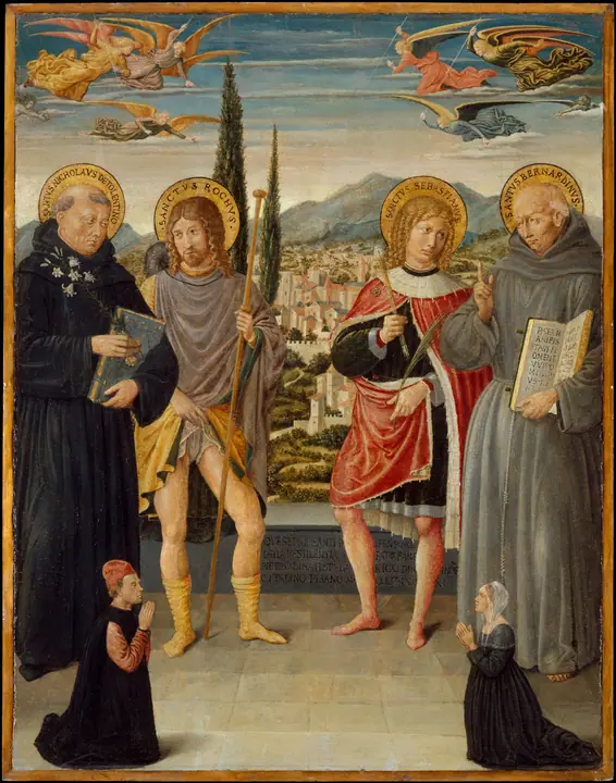 San Nicolás de Tolentino, San Roque, San Sebastián y San Bernardino de Siena, con donantes arrodillados, Benozzo Gozzoli