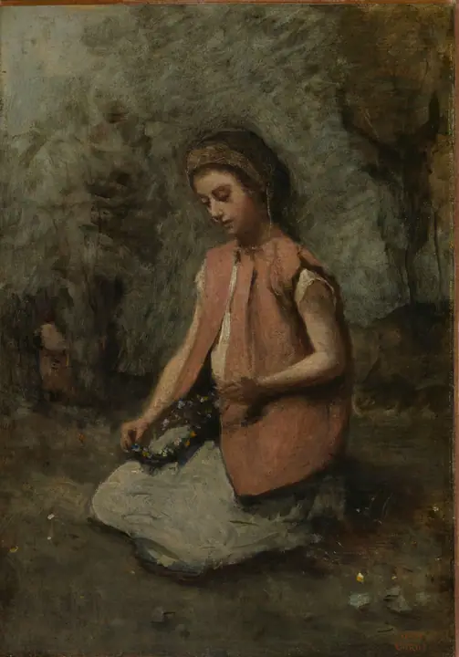 Muchacha tejiendo una guirnalda, Camille Corot