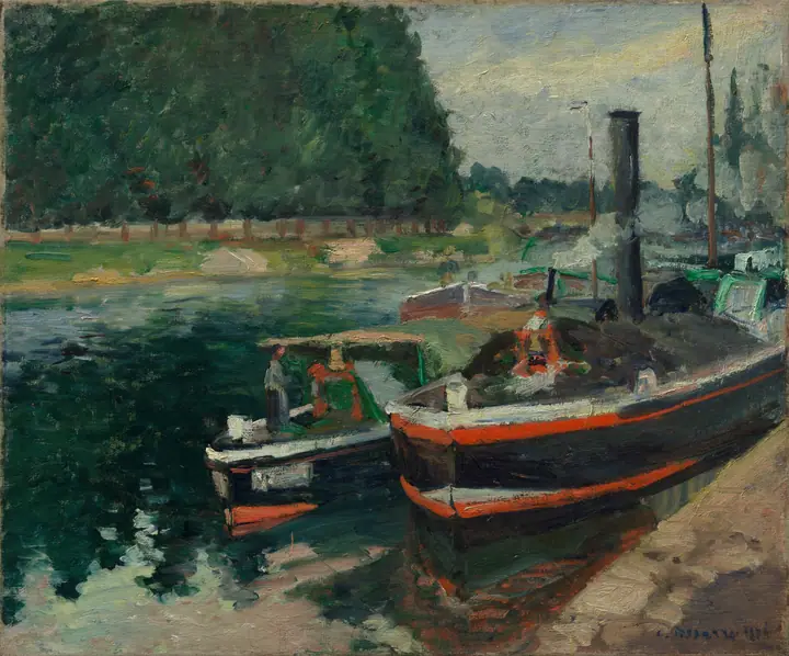 Barcazas en Pontoise, Camille Pissarro