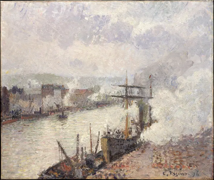 Barcos de vapor en el puerto de Ruán, Camille Pissarro
