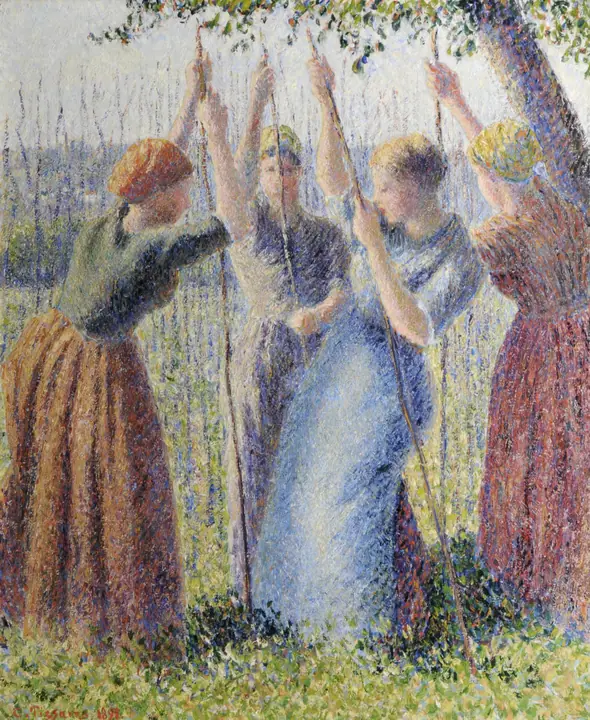 Mujeres campesinas plantando varas, Camille Pissarro