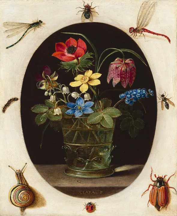 Naturaleza muerta con flores rodeadas de insectos y un caracol, Clara Peeters