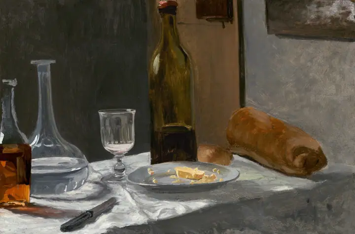 Bodegón con botella, garrafa, pan y vino, Claude Monet