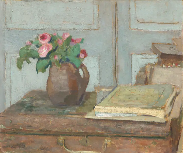 La caja de pinturas del artista y rosas musgosas, Édouard Vuillard