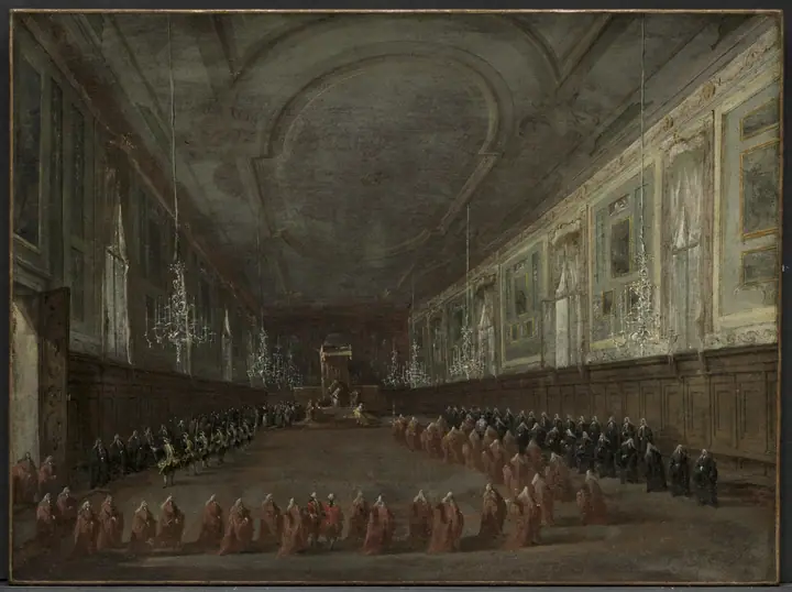 El papa Pío VI bajando del trono para despedirse del dogo en la sala de Santi Giovanni e Paolo, 1782, Francesco Guardi