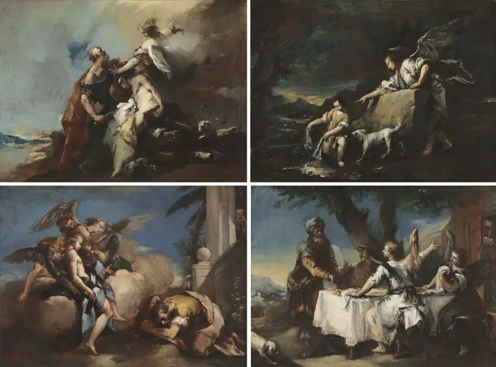 El sacrificio de Isaac, Tobías y el ángel, Los ángeles apareciéndose a Abraham, Abraham recibiendo a los tres, Francesco Guardi
