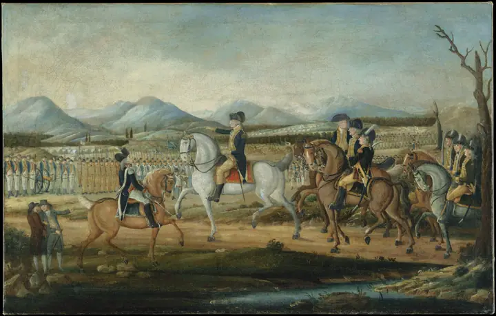 Washington pasando revista al ejército del Oeste en Fort Cumberland, Maryland, Frederick Kemmelmeyer