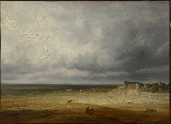 Paisaje con campo arado y una aldea, Georges Michel