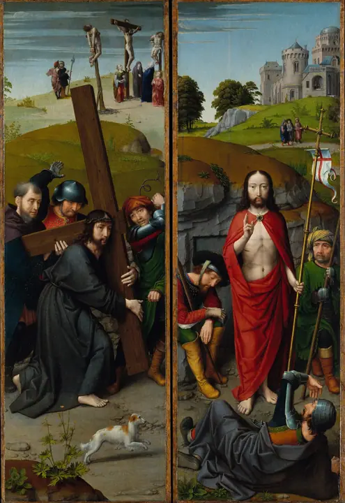 Cristo camino del Calvario, con la Crucifixión; La Resurrección, con los peregrinos de Emaús, Gerard David