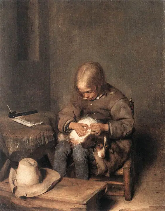 Muchacho espulgando a su perro, Gerard ter Borch