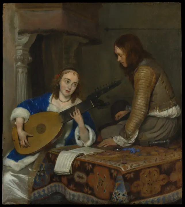 Una mujer tocando la tiorba y un caballero, Gerard ter Borch
