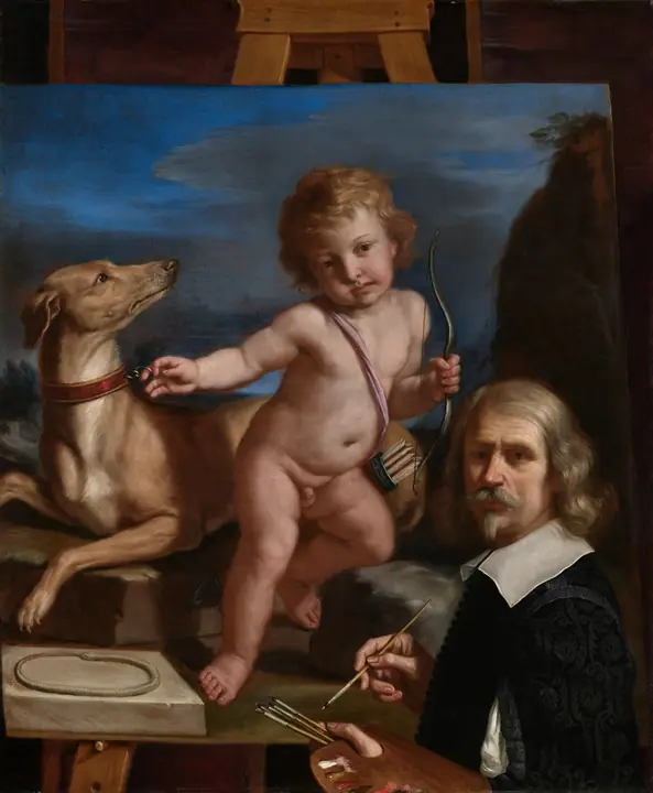Autorretrato ante una pintura de Amor Fedele, Guercino