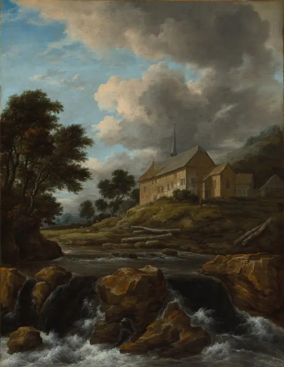 Paisaje con una iglesia junto a un torrente, Jacob van Ruisdael
