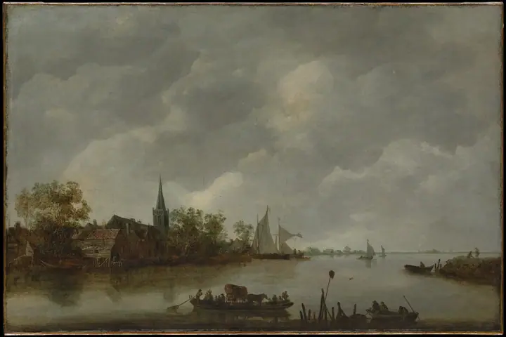 Vista de un río con una iglesia de aldea, Jan van Goyen