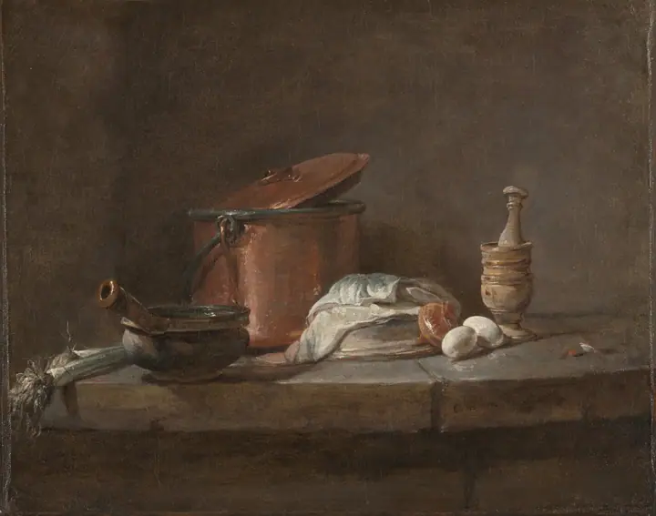 Utensilios de cocina con puerros, pescado y huevos, Jean-Baptiste-Siméon Chardin