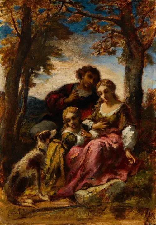 Figuras y un perro en un paisaje, Narcisse-Virgile Diaz de la Peña